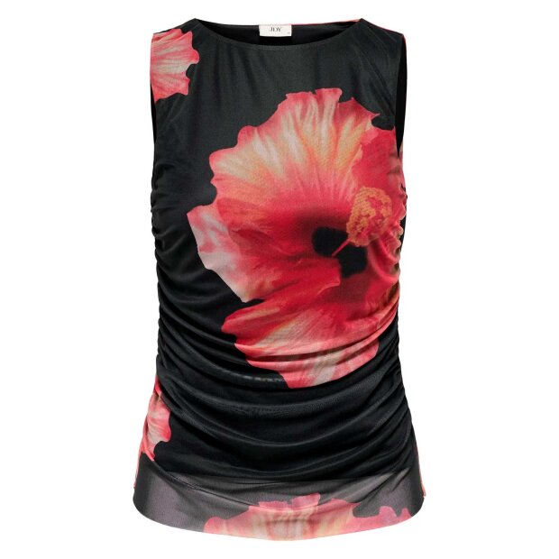 JDY - LEA S/L MESH ROUCHING TOP | BLACK HIBISCUS FLOWER