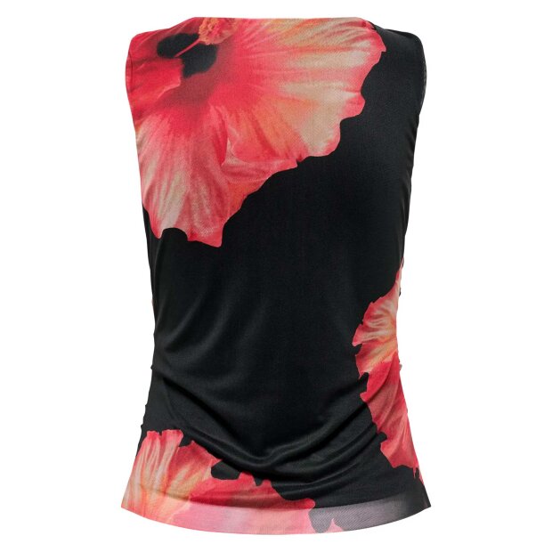 JDY - LEA S/L MESH ROUCHING TOP | BLACK HIBISCUS FLOWER