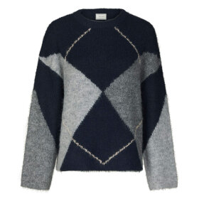 NEO NOIR - INGA CHECK FLUFF KNIT BLOUSE | NAVY NEO NOIR - INGA CHECK FLUFF KNIT BLOUSE | NAVY