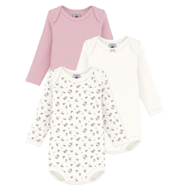 PETIT BATEAU - 3-PAK BODY LS M/RUND HALS | FLORAL/STRIB/HVID