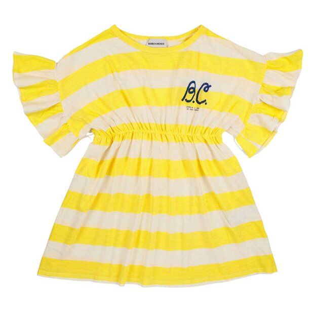 BOBO CHOSES - YELLOW STRIPES RUFFLE DRESS | YELLOW/CREAM