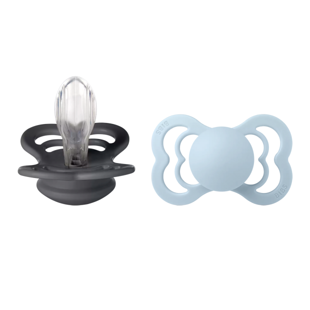 BIBS - 2-PAK SUPREME SILIKONE - SYMMETRISK - STR. 1 | IRON/BABY BLUE